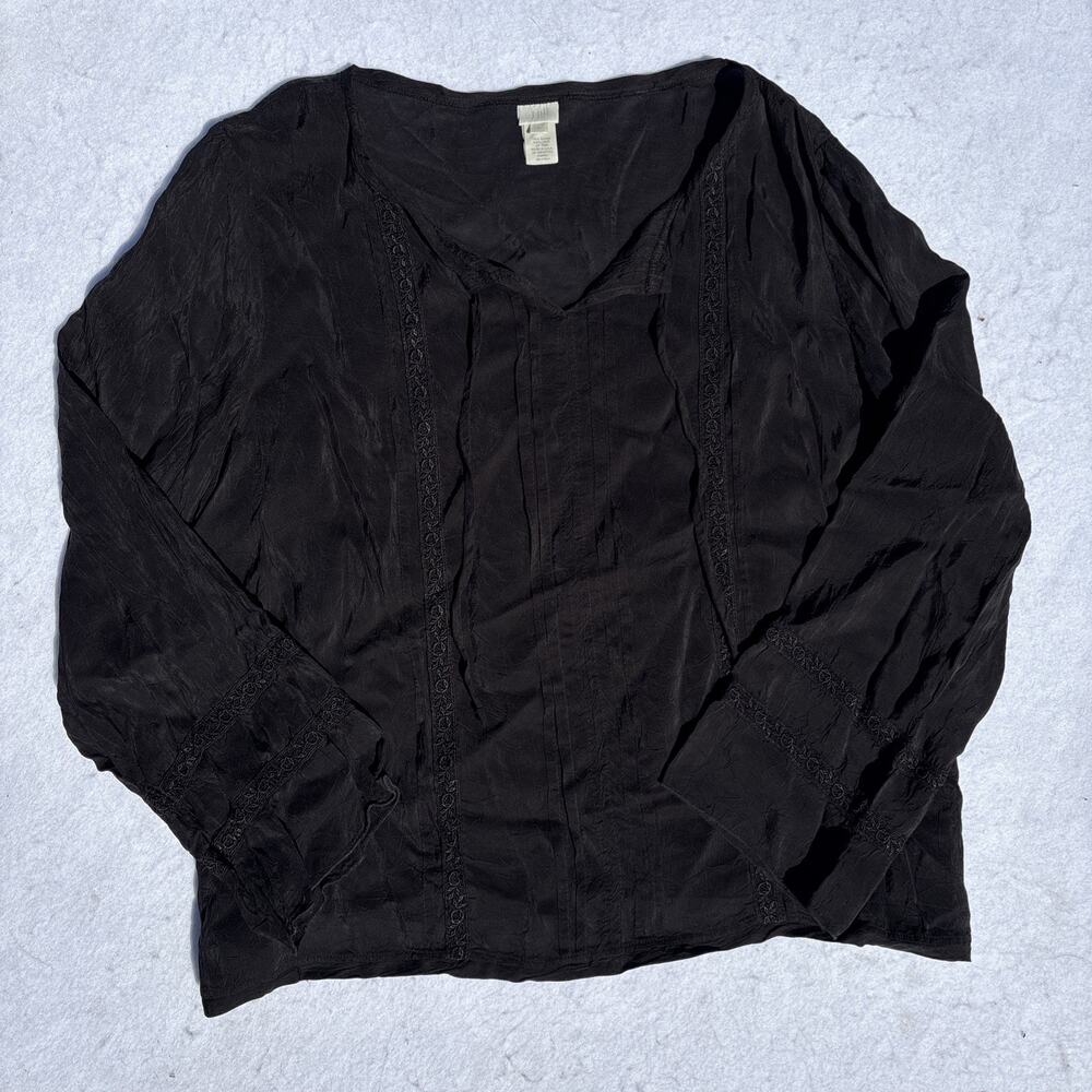 J. Jill Blouse Women's Sz Large Black Embroidered Lace Trim Flowy Top Monotonal